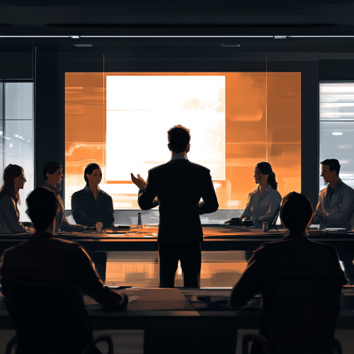 Team leader training new analysts in sleek office