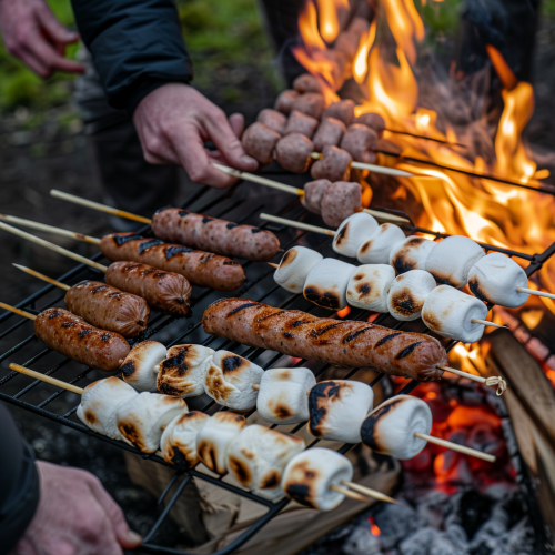 Sausages and marshmallows by bonfire
