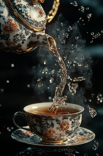 Teapot pouring tea into cup on dark background