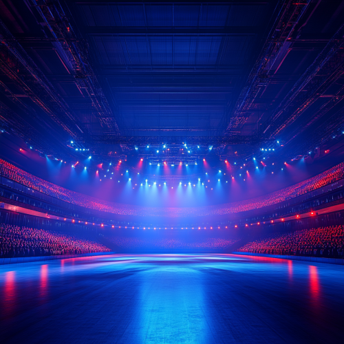 Tech theme sports event with crowd, Olympics ornaments center.