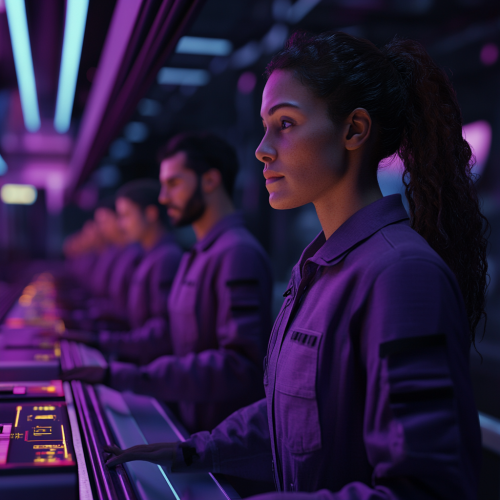 Technician adjusts settings while diverse people on conveyor