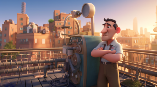 Technician fixing HVAC unit on rooftop in city