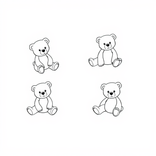 Teddy bears in different poses, black and white.