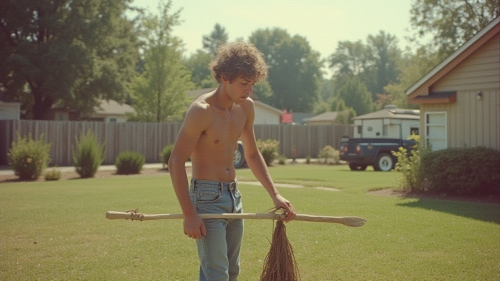 Teen Boy Doing Yard Work in 1980s Suburb