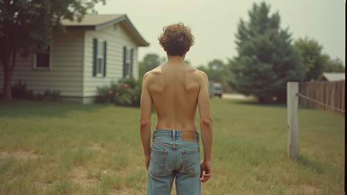 Teen Doing Yard Work in 80s Suburb