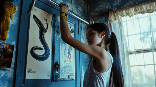 Teen Girl Hits Snake Poster with Gymnastics Grips Teen Girl Hits Snake Poster with Gymnastics Grips