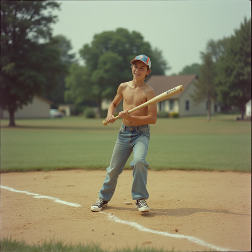 Teen Playing Baseball in 1980s Suburb Summer