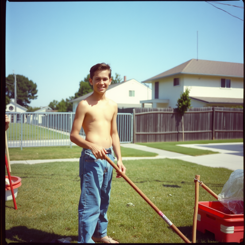 Teen Working in a 1980s Suburban Summer Yard