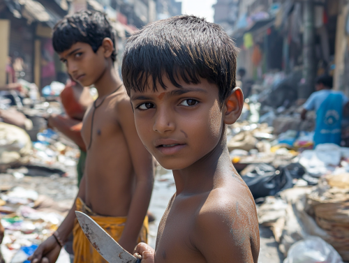 Teenage Boys in Poor Indian City with Knife
