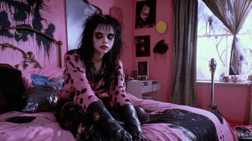 Teenage Lydia in goth clothes in pink room