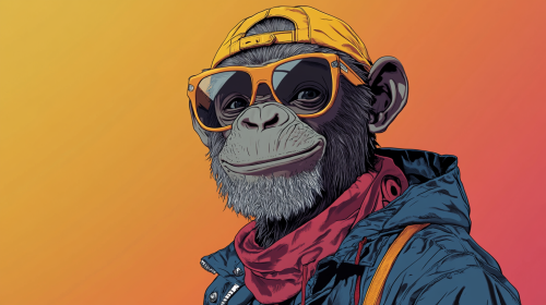 Teenage chimpanzee in hip hop style clothes smiling