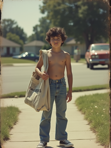 Teenager Delivering Newspapers in 1980s Suburb