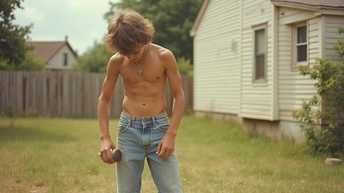 Teenager Doing Yard Work in 1980s Suburb Photo