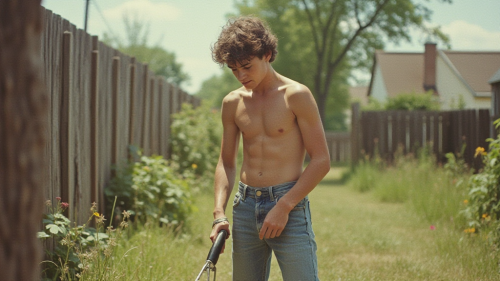 Teenager Doing Yard Work in 1980s Suburb