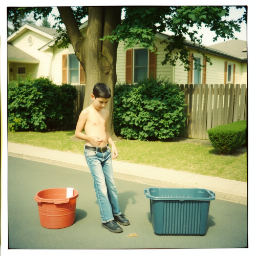 Teenager Doing Yard Work in 1980s Suburb