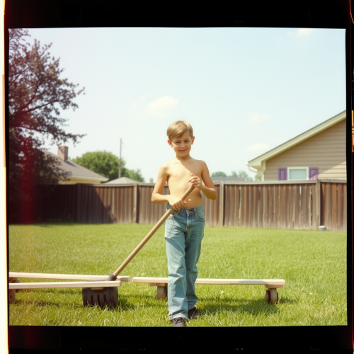 Teenager Doing Yard Work in 1980s Suburb