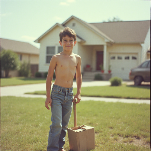 Teenager Doing Yard Work in 1980s Suburb