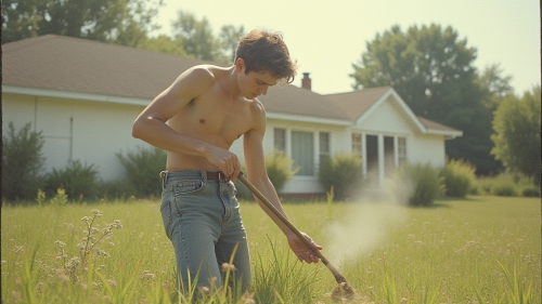 Teenager Doing Yard Work in 1980s Suburb