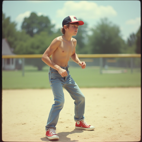 Teenager Playing Baseball in 1980s Suburb