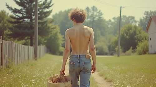 Teenager Working in Yard, Vintage 1980s Suburb Photo