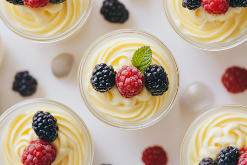 Tempting Vanilla Pots De Creme with fresh berries. Tempting Vanilla Pots De Creme with fresh berries.