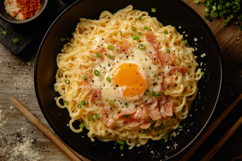 Tempting close-up of luxurious Ramen Carbonara in top view.