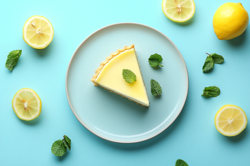 Tempting lemon pie on elegant plate with sliced lemons