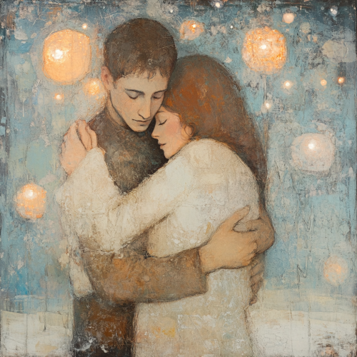 Tender embrace between figures in cozy, intimate setting.