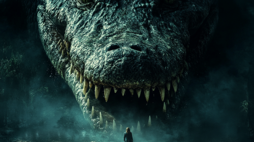 Tense film poster with massive crocodile looming