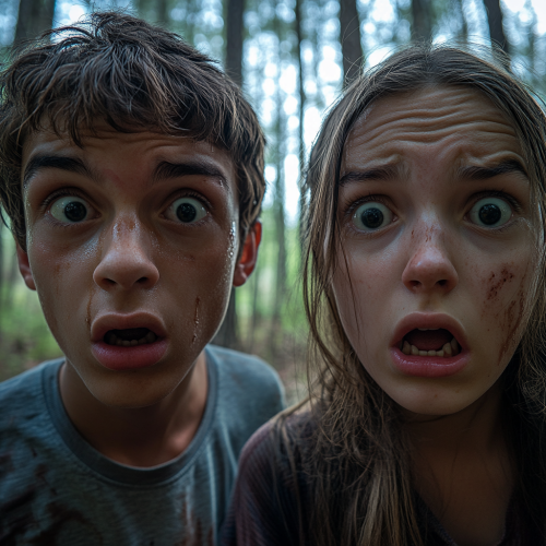 Terrified Teenagers in Bright Forest