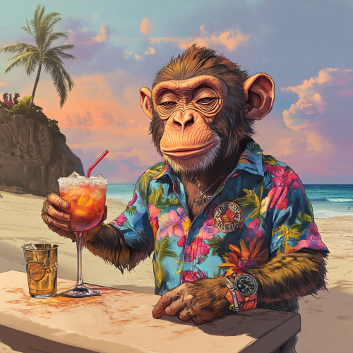 Thai Monkey bartender in colorful shirt making margarita retro.