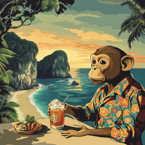 Thai Monkey bartender shaking cocktail on colorful beach.