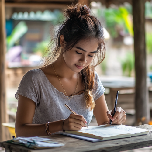 Thai Woman Writing Longing Letter Home 