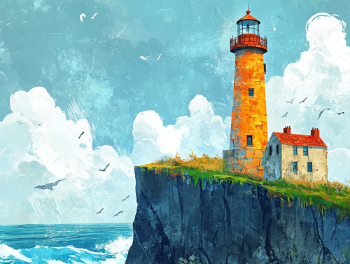 The Ancient Lighthouse on Cliff, Waves Crashing Strongly The Ancient Lighthouse on Cliff, Waves Crashing Strongly