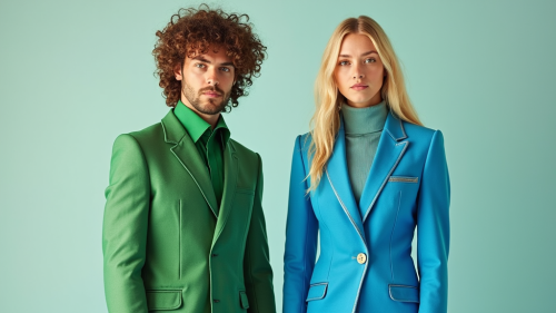 The Androgynous Duo in Bright Utopian Suits