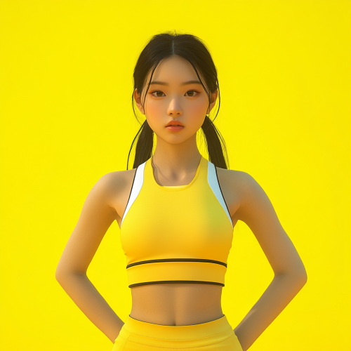 The Asian sports model girl on yellow background.