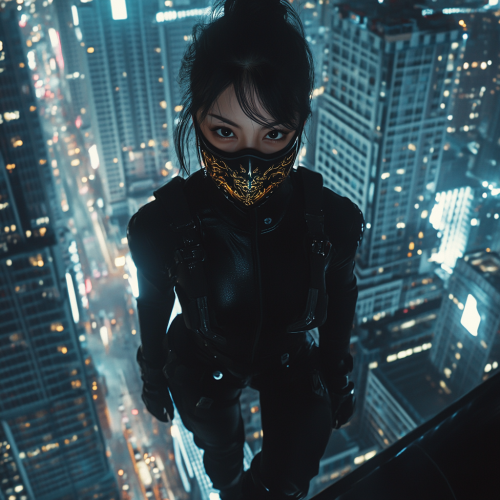 The Asian superhero in dragon mask on building ledge