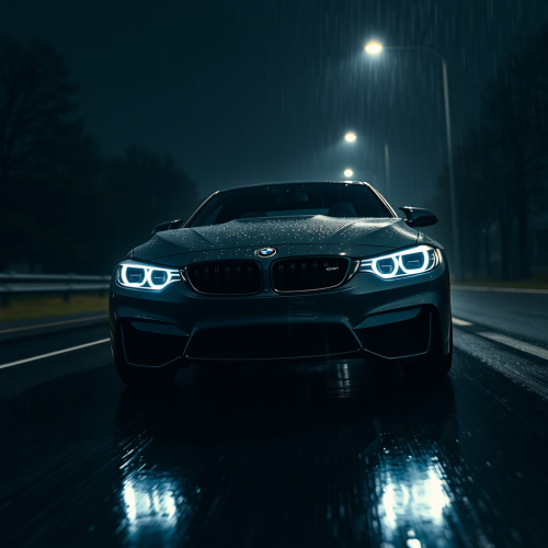 The BMW M4 Driving on a Wet Night Road