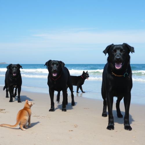 The Black Dogs and Cats on Beach