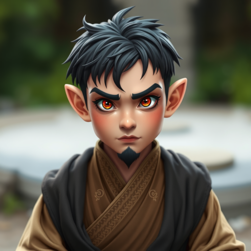 The Black-Haired, Orange-Eyed Male Gnome Monk