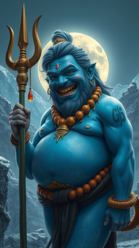 The Blue Chubby Man with Trident and Moonlight