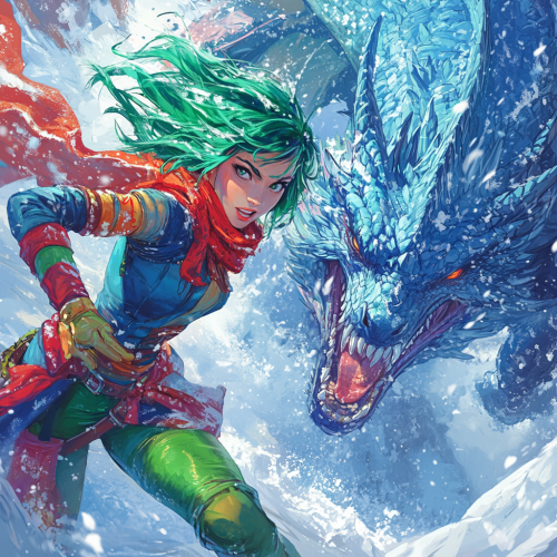 The Brave Superheroine Battles Icy Dragon in Snowy Landscape