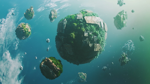 The Broken Planet with Floating Rocks and Cities