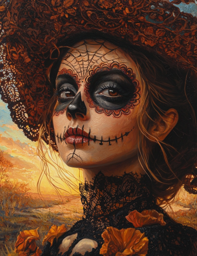 The Catrina's Intricate Makeup at Fall Sunset