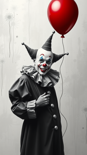 The Clown's Black and White Art with Red Balloon