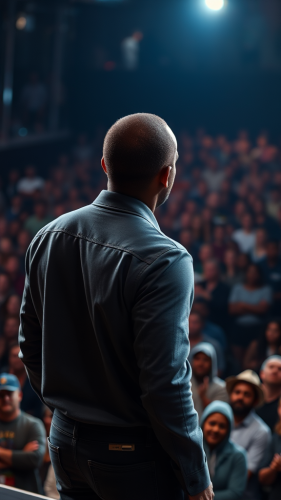 The Confident Man Addressing a Massive Crowd