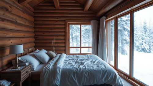The Cozy Bedroom in the Snowy Wooden Cabin The Cozy Bedroom in the Snowy Wooden Cabin
