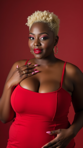 The Curvy Lady in Red with Blonde Pixie Cut