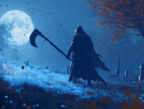 The Death Reaper in Dark Cemetery Night Landscapes