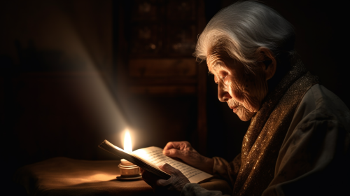 The Elderly Korean Woman Holding Bible By Candlelight